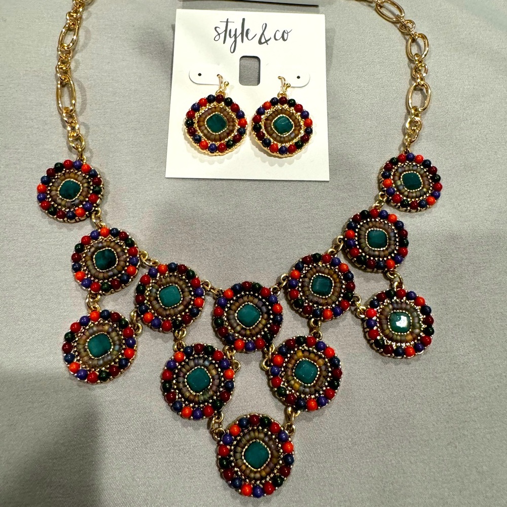 Beaded Circle Statement Necklace, 17" + 3" extender, and earrings Style & co